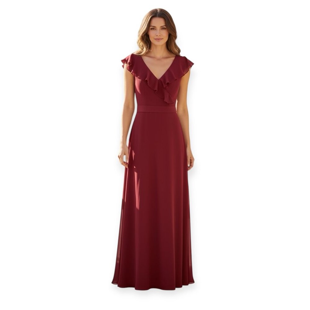 Mori Lee Madeline Gardner Women's Evening Dress Sherry Red Size 0 Ruffle Neck